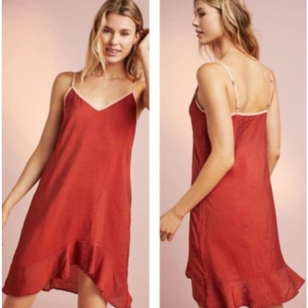 ANTHROPOLOGIE LACAUSA Slip Mini Dress S Orange V-Neck Adjustable Strap EUC!